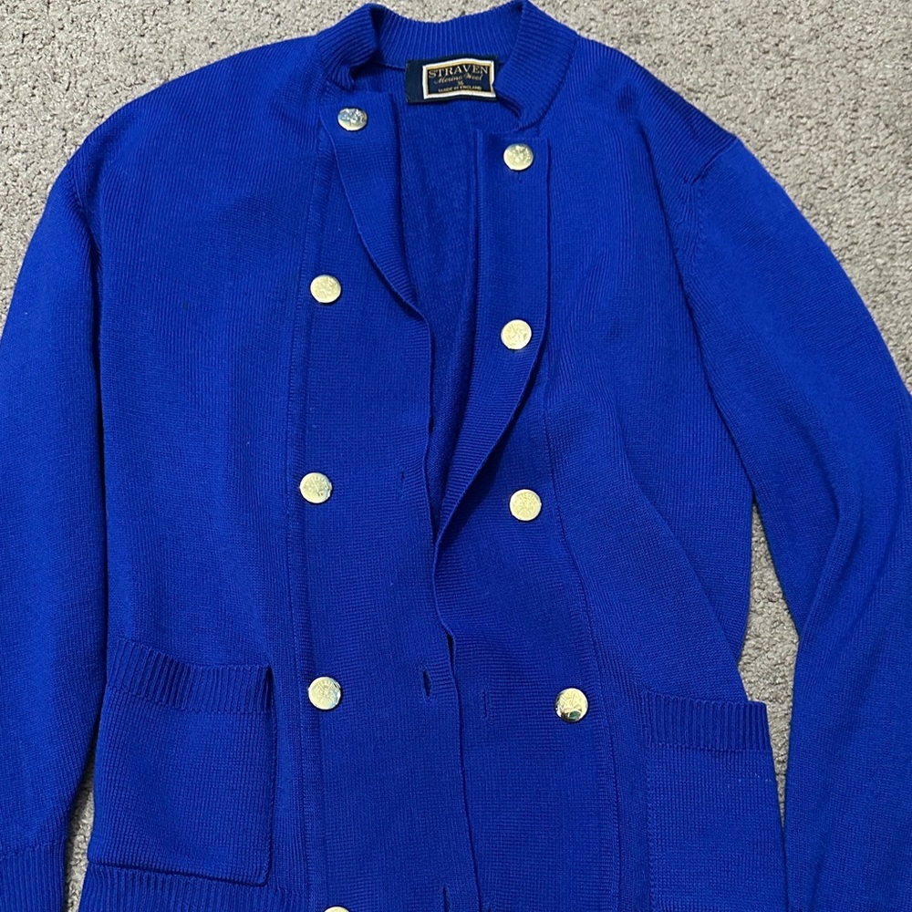 Striven merino wool Royal Blue Cardigan with Gold Accents